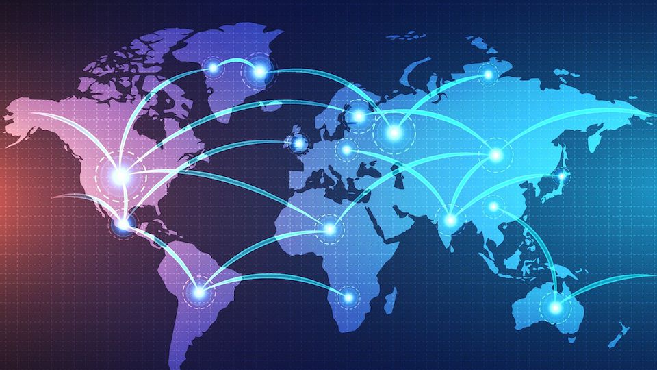 digital world map linked by lines connections network design